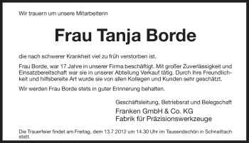 Traueranzeige von Tanja Borde von Pegnitz-Zeitung
